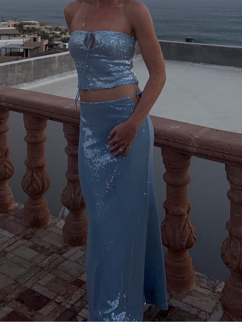 Princess Polly Pale Blue Sequin Strapless Skirt Set